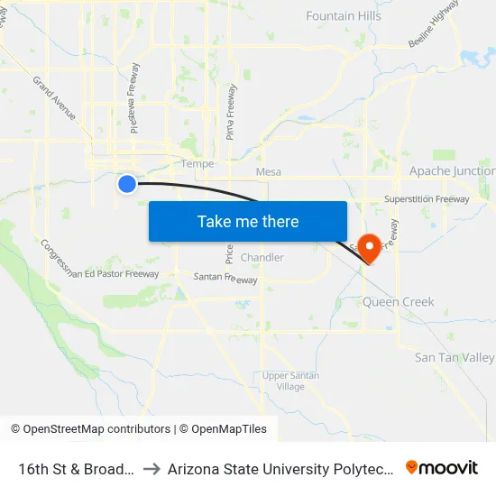 16th St & Broadway Rd to Arizona State University Polytechnic campus map