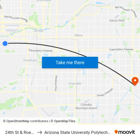 24th St & Roeser Rd to Arizona State University Polytechnic campus map