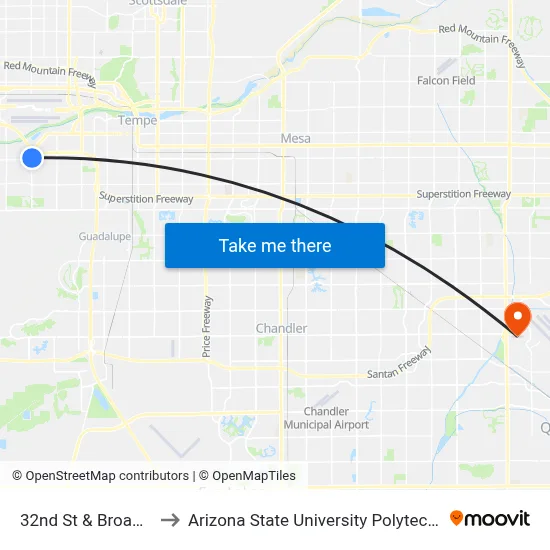 32nd St & Broadway Rd to Arizona State University Polytechnic campus map