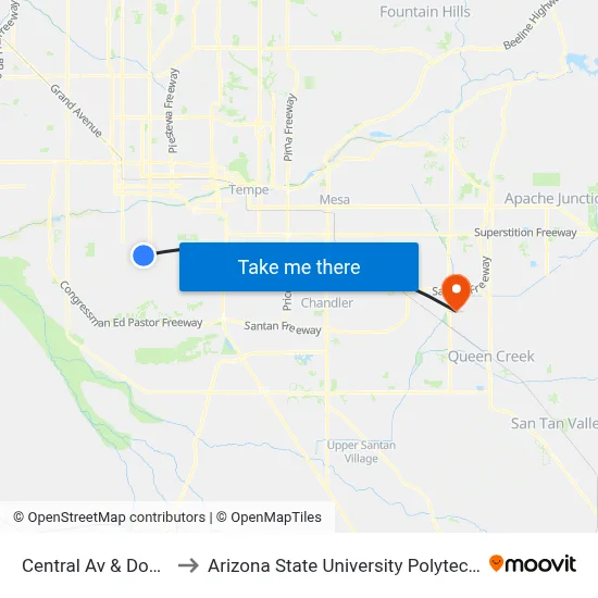 Central Av & Dobbins Rd to Arizona State University Polytechnic campus map