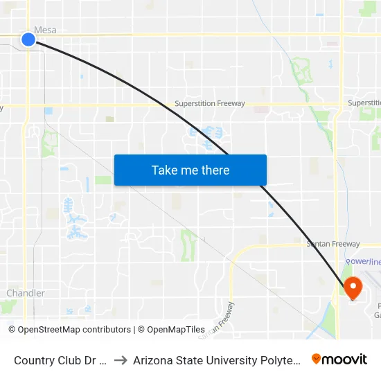 Country Club Dr & 1st Av to Arizona State University Polytechnic campus map