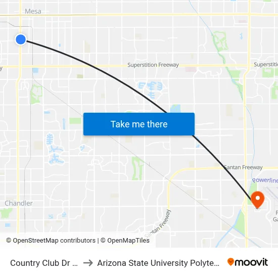 Country Club Dr & 8th Av to Arizona State University Polytechnic campus map