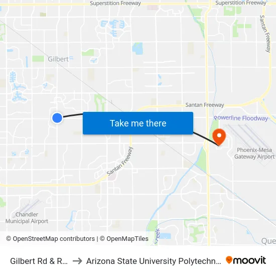 Gilbert Rd & Ray Rd to Arizona State University Polytechnic campus map