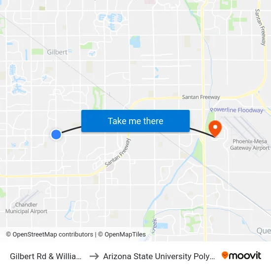 Gilbert Rd & Williams Field Rd to Arizona State University Polytechnic campus map