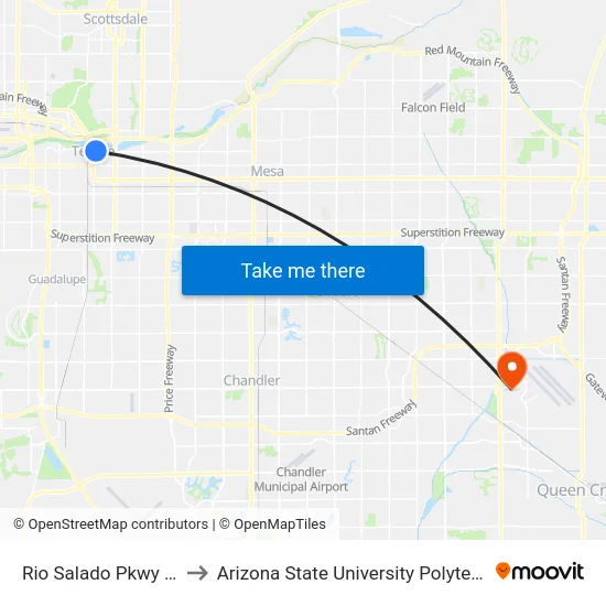 Rio Salado Pkwy & Mill Av to Arizona State University Polytechnic campus map