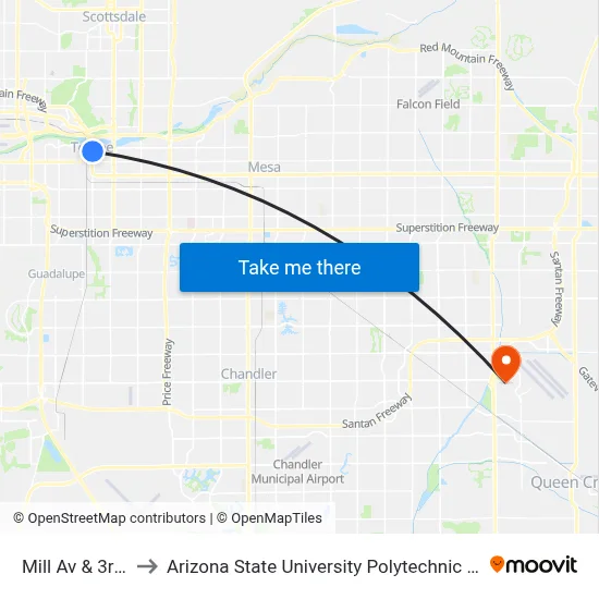 Mill Av & 3rd St to Arizona State University Polytechnic campus map