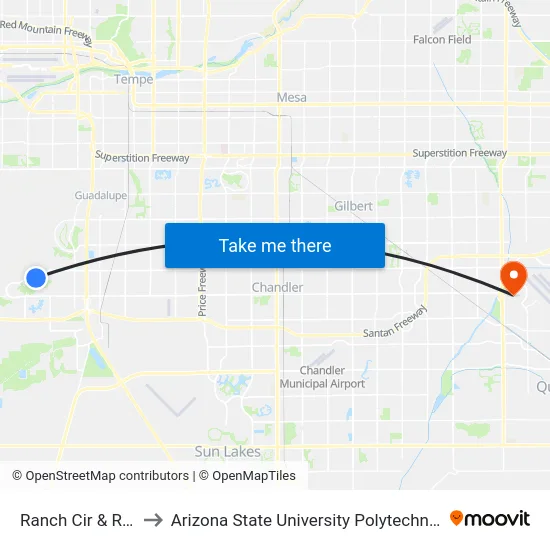 Ranch Cir & Ray Rd to Arizona State University Polytechnic campus map