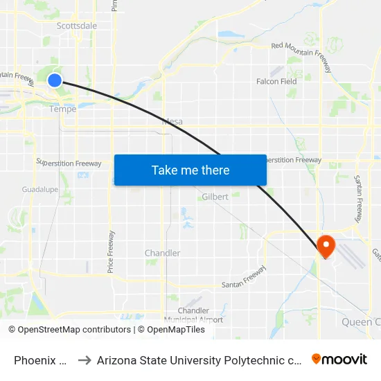 Phoenix Zoo to Arizona State University Polytechnic campus map