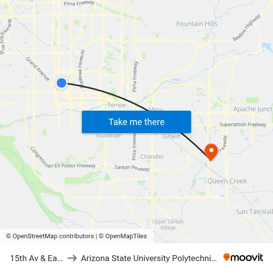 15th Av & Earll Dr to Arizona State University Polytechnic campus map