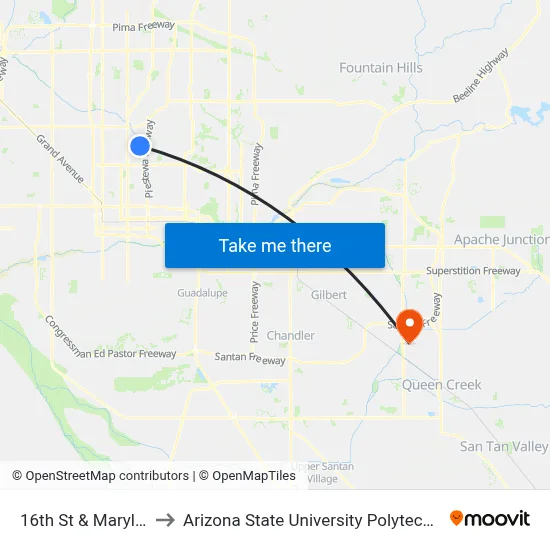 16th St & Maryland Av to Arizona State University Polytechnic campus map