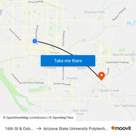 16th St & Osborn Rd to Arizona State University Polytechnic campus map