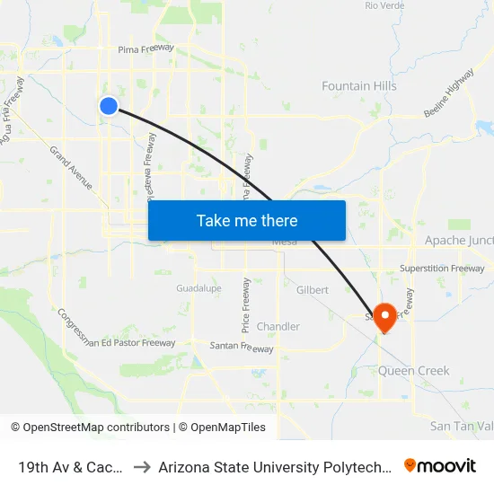 19th Av & Cactus Rd to Arizona State University Polytechnic campus map