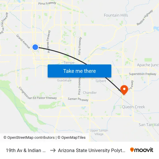 19th Av & Indian School Rd to Arizona State University Polytechnic campus map