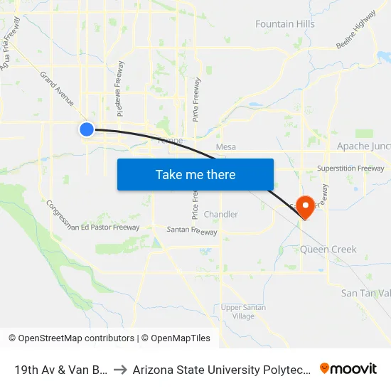 19th Av & Van Buren St to Arizona State University Polytechnic campus map