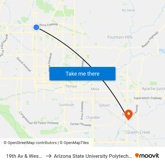 19th Av & Wescott Dr to Arizona State University Polytechnic campus map