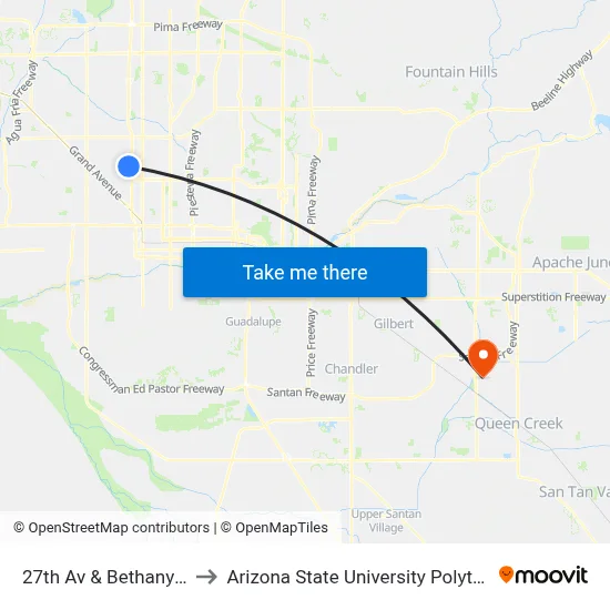 27th Av & Bethany Home Rd to Arizona State University Polytechnic campus map