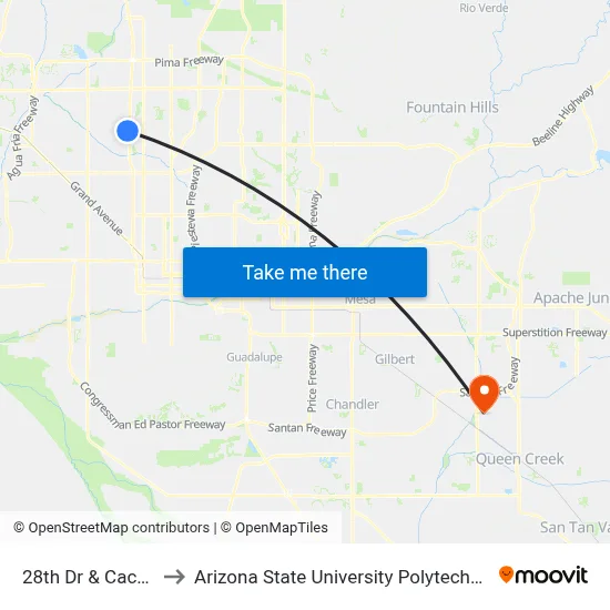 28th Dr & Cactus Rd to Arizona State University Polytechnic campus map