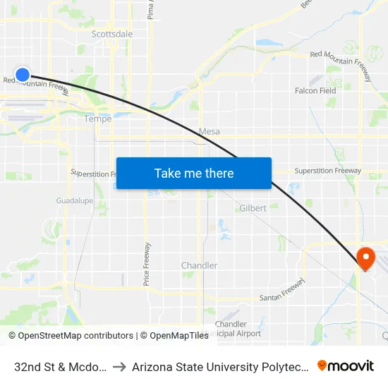 32nd St & Mcdowell Rd to Arizona State University Polytechnic campus map