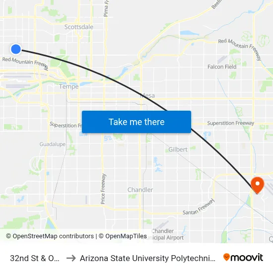 32nd St & Oak St to Arizona State University Polytechnic campus map