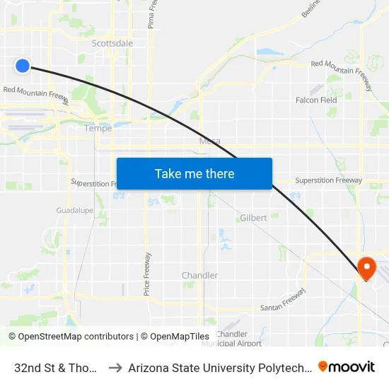 32nd St & Thomas Rd to Arizona State University Polytechnic campus map