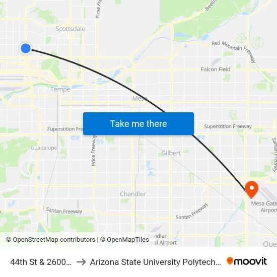 44th St & 2600 North to Arizona State University Polytechnic campus map