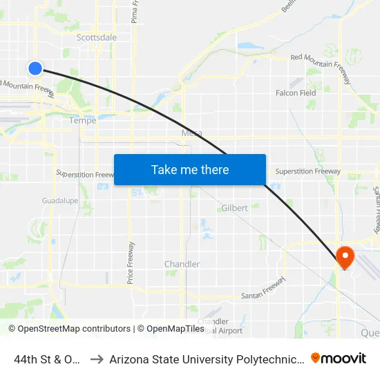 44th St & Oak St to Arizona State University Polytechnic campus map