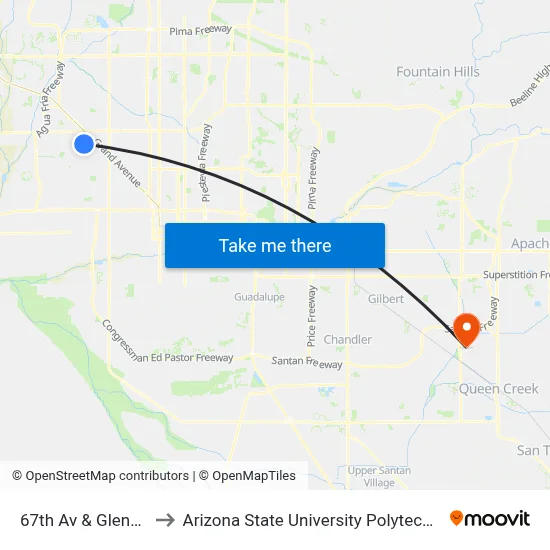 67th Av & Glendale Av to Arizona State University Polytechnic campus map