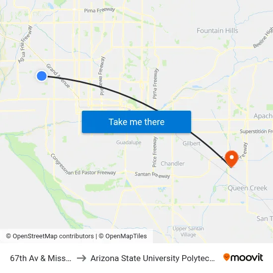 67th Av & Missouri Av to Arizona State University Polytechnic campus map