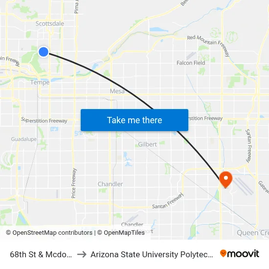 68th St & Mcdowell Rd to Arizona State University Polytechnic campus map