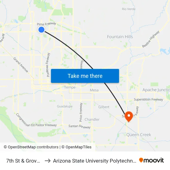 7th St & Grovers Av to Arizona State University Polytechnic campus map