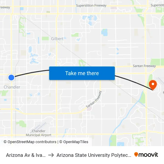 Arizona Av & Ivanhoe St to Arizona State University Polytechnic campus map