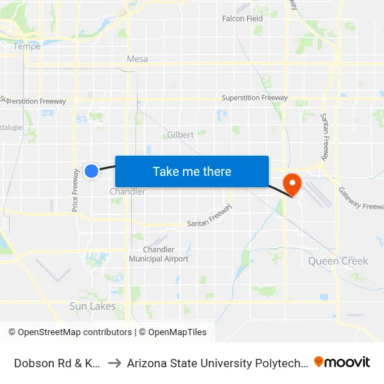 Dobson Rd & Knox Rd to Arizona State University Polytechnic campus map
