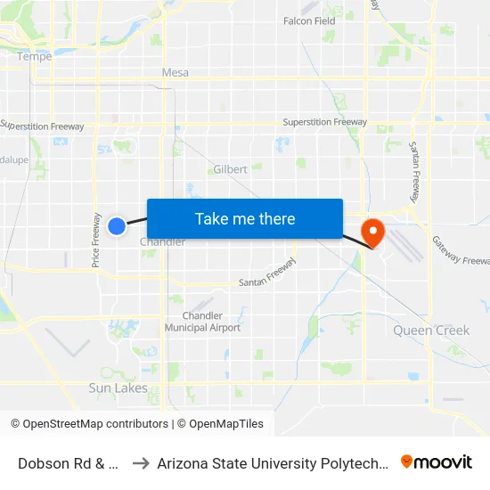 Dobson Rd & Ray Rd to Arizona State University Polytechnic campus map