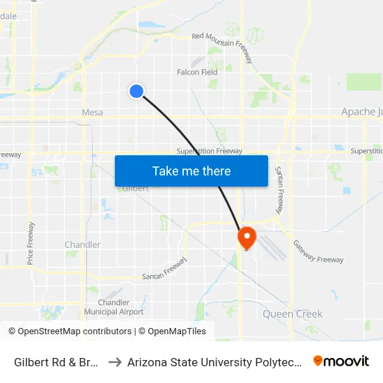 Gilbert Rd & Brown Rd to Arizona State University Polytechnic campus map