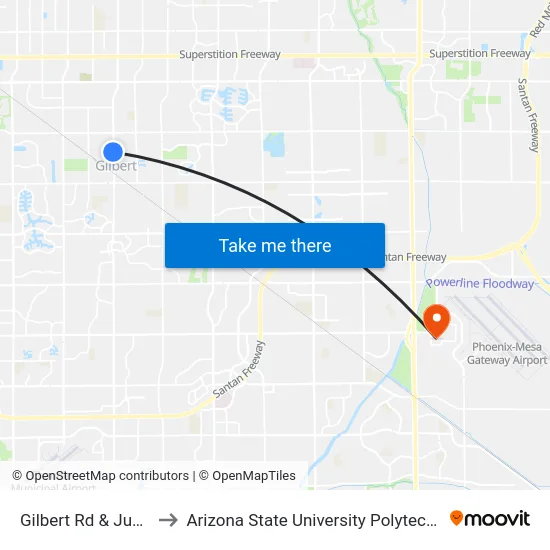 Gilbert Rd & Juniper Av to Arizona State University Polytechnic campus map