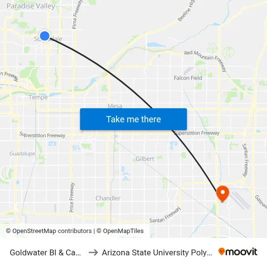 Goldwater Bl & Camelback Rd to Arizona State University Polytechnic campus map