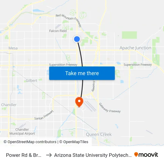 Power Rd & Brown Rd to Arizona State University Polytechnic campus map