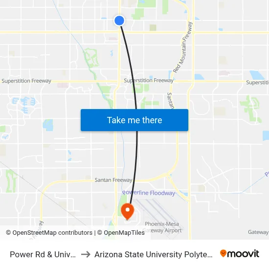 Power Rd & University Dr to Arizona State University Polytechnic campus map