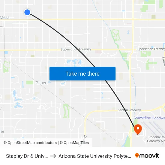 Stapley Dr & University Dr to Arizona State University Polytechnic campus map
