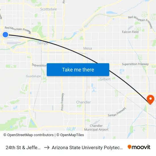 24th St & Jefferson St to Arizona State University Polytechnic campus map