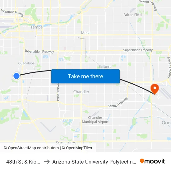 48th St & Kiowa St to Arizona State University Polytechnic campus map