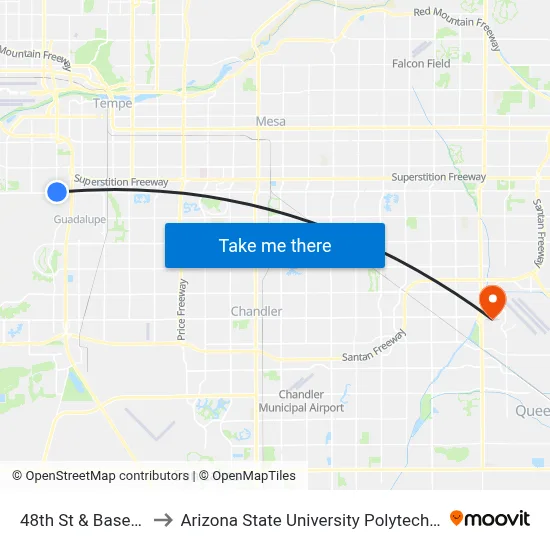 48th St & Baseline Rd to Arizona State University Polytechnic campus map