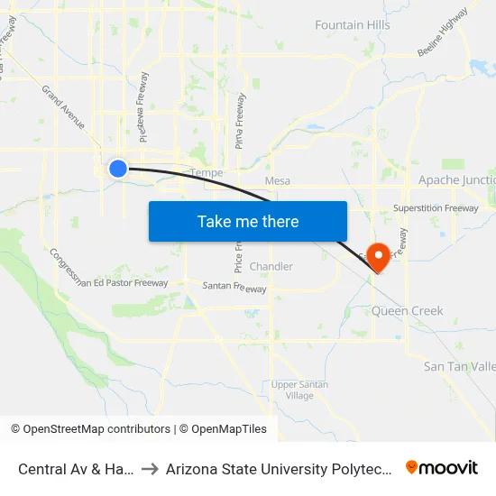Central Av & Hadley St to Arizona State University Polytechnic campus map