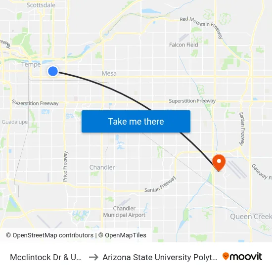 Mcclintock Dr & University Dr to Arizona State University Polytechnic campus map
