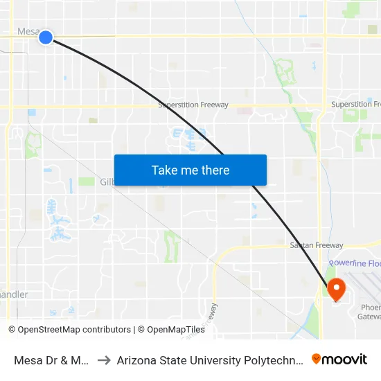Mesa Dr & Main St to Arizona State University Polytechnic campus map