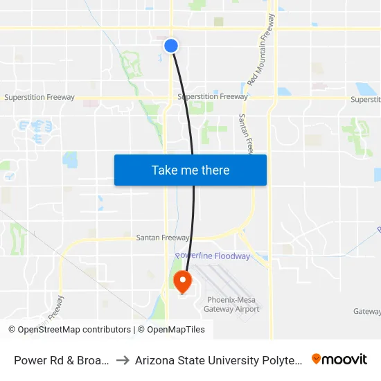 Power Rd & Broadway Rd to Arizona State University Polytechnic campus map
