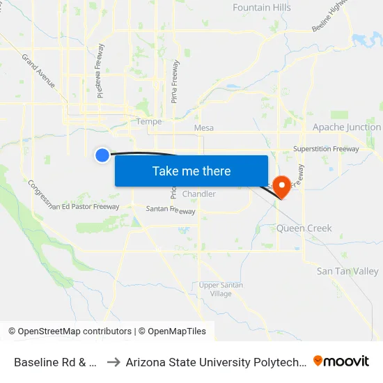 Baseline Rd & 24th St to Arizona State University Polytechnic campus map