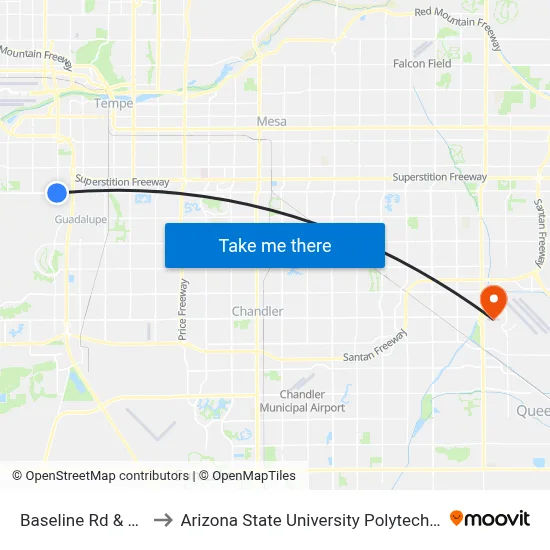 Baseline Rd & 48th St to Arizona State University Polytechnic campus map