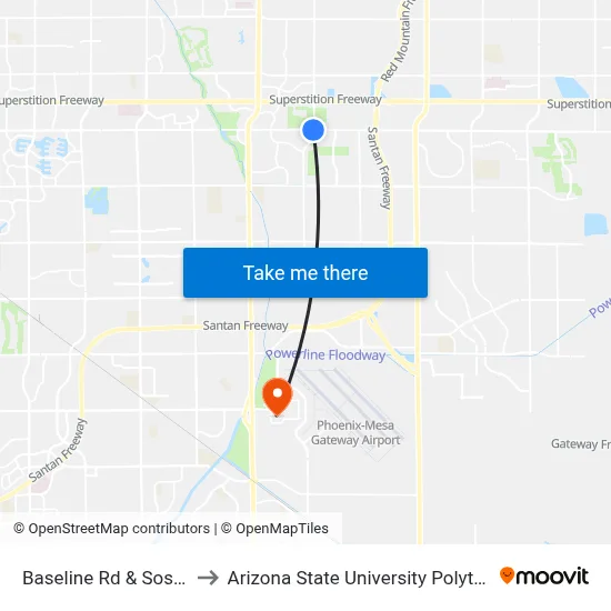 Baseline Rd & Sossaman Rd to Arizona State University Polytechnic campus map