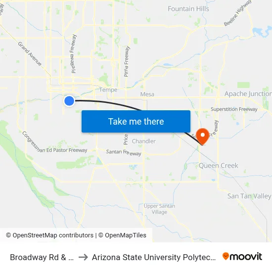 Broadway Rd & 16th St to Arizona State University Polytechnic campus map